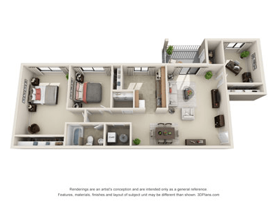 Floor plan for 2 beds, 1.5 baths, 1060 sqft